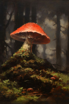 a painting of a mushroom in the woods