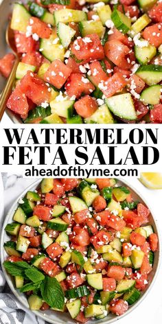 watermelon, feta and cucumber salad in a bowl