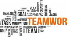 the word teamwork written in orange and black on a white background with other words surrounding it