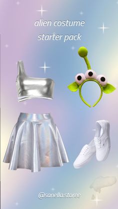 an image of some clothes and accessories on a blue background with words that read, alien costume starter pack