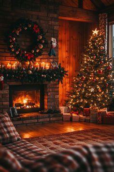 a living room with a christmas tree in the corner and presents on the fireplace mantel