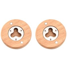 two wooden buttons with holes in the middle