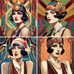 four different pictures of women in art deco style