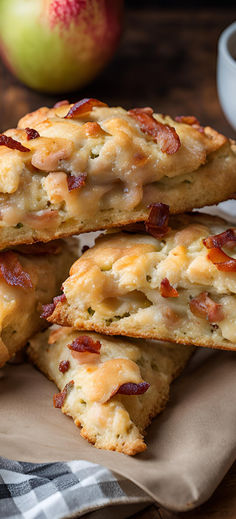 Apple Cheddar Bacon Scones are light, buttery delights packed with sweet apples, sharp cheddar cheese, and a savory touch of smoky bacon. Bacon And Cheese Scones, Savory Scone Recipes, Savory Apple Appetizers, Scones Recipe Savory, Best Scones Recipe Ever, Apple Scones Recipe, Bacon Cheddar Scones, Herb Scones, Apricot Scones