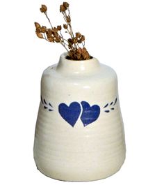 Vintage  Vase / Crock Pottery Look / Creamy White with Blue Hearts / Flower Holder or Weed Display...... ...........4 1/2" tall x 3 1/2" wide / No Chips or Cracks..............Please email with questions .....I will combine shipping if possible.....Thanks!! Vase White, Blue Hearts, Flower Holder, Vintage Vase, Heart Hands, Vintage Vases, Found Object, Blue Heart