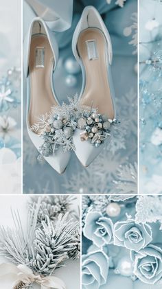 wedding shoes and bouquets with snowflakes, roses and pearls on the bottom