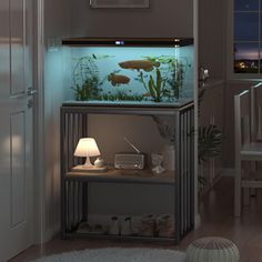 a fish tank sitting on top of a shelf next to a lamp in a room