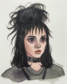 a drawing of a woman with black hair and piercings on her head, wearing a choker