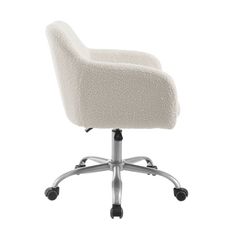 a white office chair with wheels and casteors on an aluminum base, viewed from the front