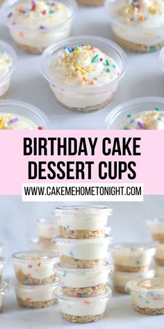 birthday cake dessert cups with white frosting and sprinkles