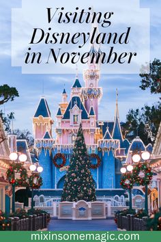 a christmas tree in front of a castle with the words visiting disneyland in november