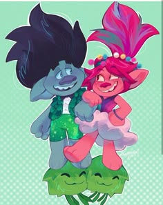 two cartoon characters hugging each other on top of a green plant with pink and purple hair