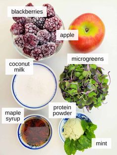 the ingredients to make an apple smoothie are shown in bowls and labeled with their names