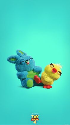 two stuffed animals sitting next to each other on a blue background with the caption toy story 4