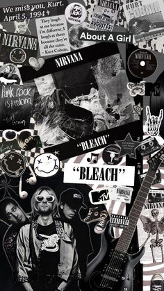 black and white collage with various stickers on the back of guitar, band members