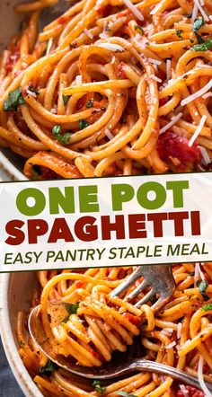 one pot spaghetti is an easy and tasty dinner that's ready in less than 30 minutes