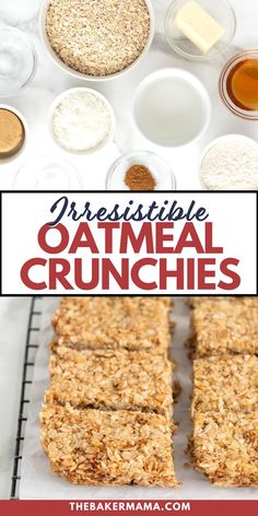 oatmeal granola bars on a cooling rack with ingredients in the background