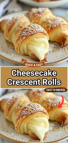 cheesecake crescent rolls on a plate with the words quick and easy