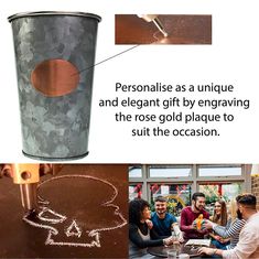 people are sitting around a table with a cup on it and the words personalise as unique and elegant gift by engraving the rose gold plaque to suit the occasion