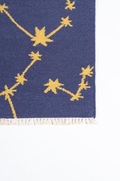 a blue and yellow rug with small airplanes on the bottom, against a white background