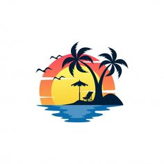 an island with palm trees and chairs on the beach at sunset or sunrise, logo design