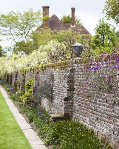 a brick wall with purple flowers in the foreground and green grass on the other side