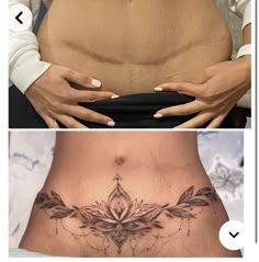 the before and after pictures of a woman's stomach with tattoos on her belly