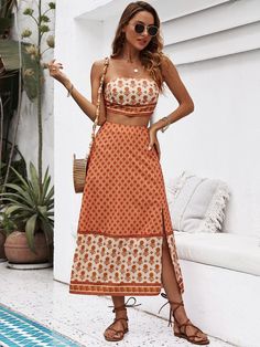 Mandi Skirt Set Bandeau Skirt, Tube Top And Skirt, Skirt Two Piece, Orange Scarf, High Rise Skirt, Womens Maxi Skirts, Floral Decoration, Cropped Tube Top, Style Boho