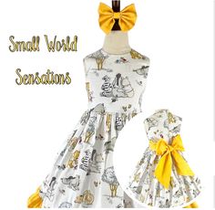 This Devine Winnie the Pooh inspired dress is perfect for any special occasion, or even as a cute play dress. The special girl in your life will want to twirl all day in this beautiful dress.   This dress is made with soft cotton fabric, is professionally lined and serged and comes with a cute matching bow.   Dress can be made sleeveless like shown, with short sleeve or long sleeves. In the personalization box please let me know the sleeve length for your dress.  This dress is pictured with a pe Winnie The Pooh Dress, Pooh Costume, Winnie The Pooh Costume, Pooh Dress, Pooh Birthday, Vacation Clothes, Winnie The Pooh Birthday, Girls Vacation, Girls Dress Up