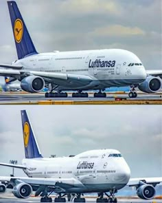 two pictures of an airplane on the tarmac