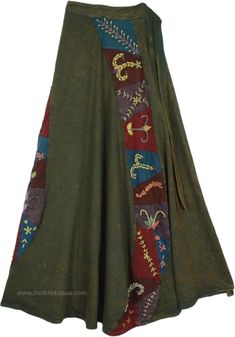 Stonewashed Forest Green Jersey Cotton Wrap Skirt with Embroidered Patchwork Green Boho Skirt, Dnd Tiefling, Long Green Skirt, Tiefling Bard, Long Wrap Skirt, Dusty Mauve, Hippie Look, Boho Skirt, Spiral Shape