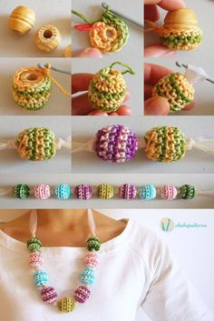 crocheted necklaces are being made with yarn and beads, as well as beading