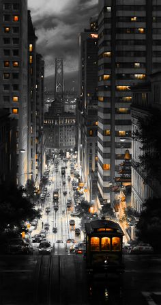 a city street filled with lots of traffic under dark skies and buildings in the distance