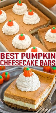 pumpkin cheesecake bars with whipped cream in the middle and topped with mini pumpkins