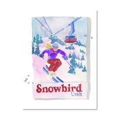 a watercolor painting of a skier going down a slope with the words snowbird utah on it