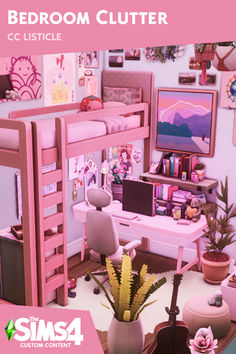 a bedroom cluttered with pink furniture and accessories, including a bunk bed in the corner