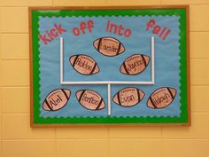 a bulletin board with footballs on it and the words kick off into fall written in red