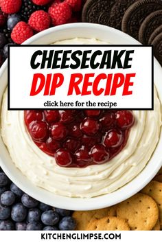 cheesecake dip recipe in a white bowl surrounded by cookies and berries