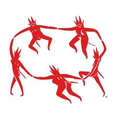 three red silhouettes holding hands in the air