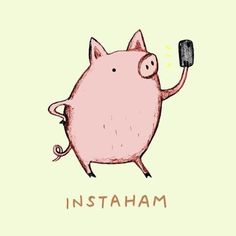 a pink pig holding a cell phone up to its ear with the word instama written on it