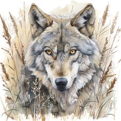 a watercolor painting of a wolf in the tall grass looking at the camera with an intense look on his face