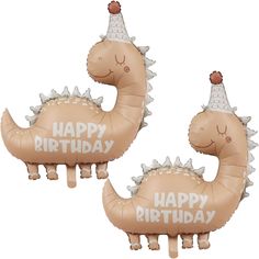 two inflatable dinosaur balloons with happy birthday written on the front and back of them