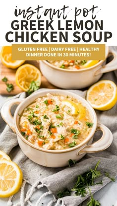 two bowls filled with lemon chicken soup and garnished with parsley on the side