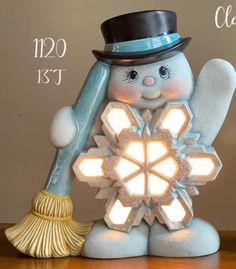 a snowman figurine holding a broom and wearing a top hat