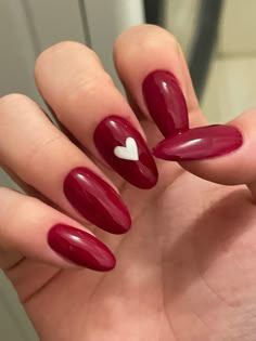 Plain Shellac Nails, Red Nails With A Heart, Dark Red Nails With Heart, Red Nails With Heart, Acrylic Nail Designs Simple, Bold Nail Designs, Red Summer Nails, Deep Red Nails, Nail Designs Simple