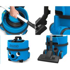 three pictures of different types of vacuums and cleaning equipment, including one with a mop