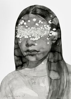 a drawing of a girl with flowers in her hair