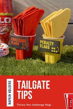 there are some red cups with yellow napkins in them and the words tailgate tips