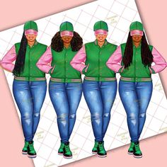 three women wearing green and pink outfits