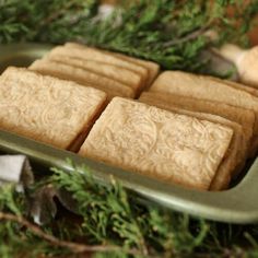 some cookies are sitting in a metal tray on the ground next to pine needles and branches